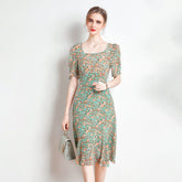Womens Floral Silk Midi Dress Puff Sleeve Square Neck Silk Dresses